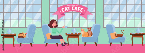 Fb Cover horizontal Web Banner Social Media Design Welcome to cat cafe Template. Girl and cat Tea party. Spending time with pet. Interior with large windows. Flat cartoon vector illustration