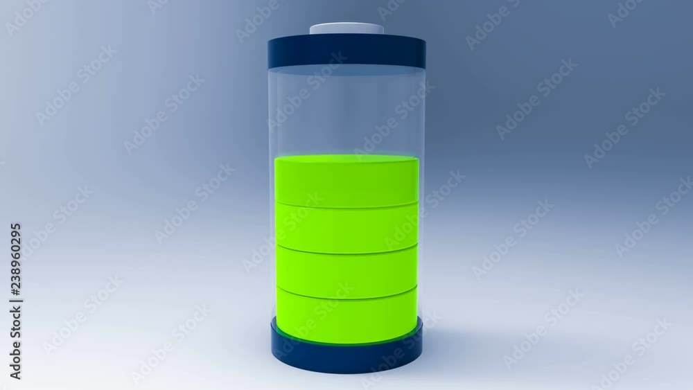 Charging battery from empty to full. Green cores fade bottom up in glass case on gray background. Electrical power and technology concept. 3D Illustration and rendering animation Charging battery from empty to full. Green cores fade bottom up in glass case on gray background. Electrical power and technology concept. 3D Illustration and rendering animation
