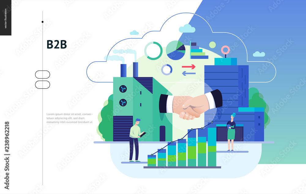 Business series, color 3 - b2b. business to business - modern flat vector illustration concept of b2b - a factory and a corporate buildings shaking their hands. Creative landing page design template Business series, color 3 - b2b. business to business - modern flat vector illustration concept of b2b - a factory and a corporate buildings shaking their hands. Creative landing page design template
