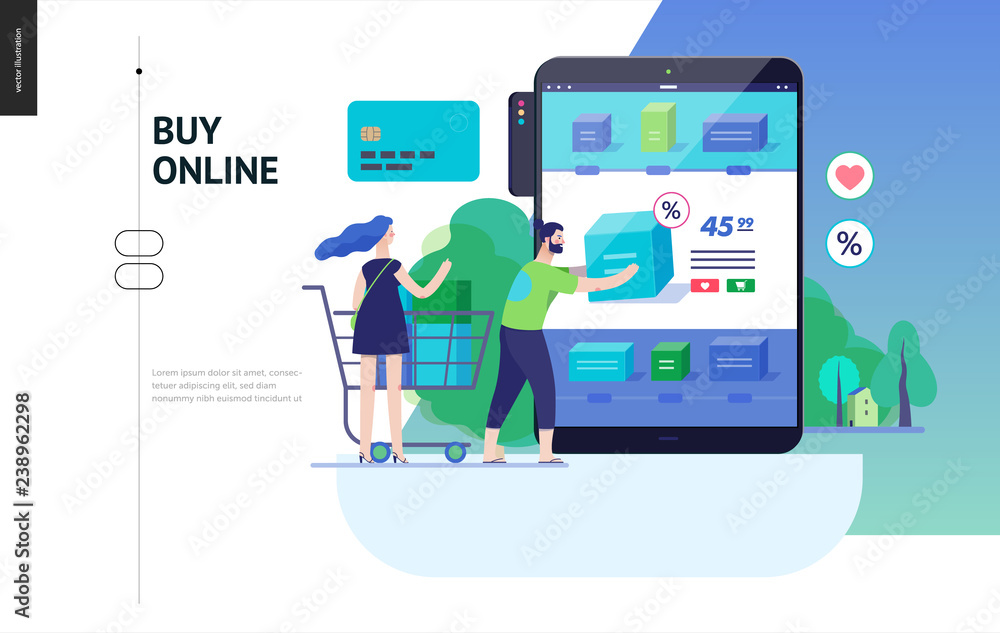 Business series, color 3 - buy online shop - modern flat vector illustration concept of man and woman shopping online Website interaction and purchasing process. Creative landing page design template