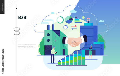 Business series, color 3 - b2b. business to business - modern flat vector illustration concept of b2b - a factory and a corporate buildings shaking their hands. Creative landing page design template