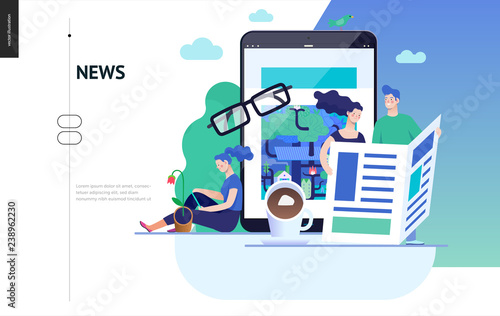 Business series, color 3 - news or articles- modern flat vector illustration concept of people reading news on various medium and tablet screen, glasses, coffee. Creative landing page design template