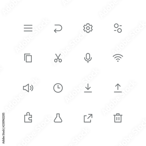 Bold outline icon set - menu, arrow, gear wheel, switch, file, scissors, microphone, wi fi, loudspeaker, clock, puzzle, test tube, link and basket symbol. Internet, system and technology vector signs.