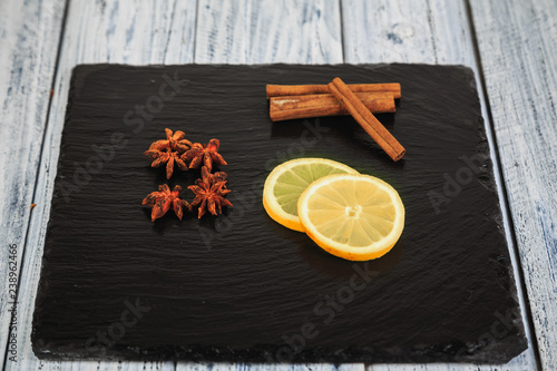 cinnamon sticks, star anise and lemon slices