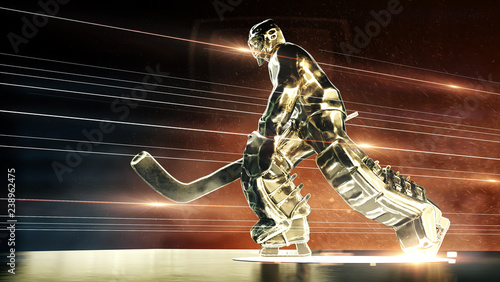 Photography bronze sculpture of ice hockey goalie in action pose with dramatic light dust particles in the air and fire rays