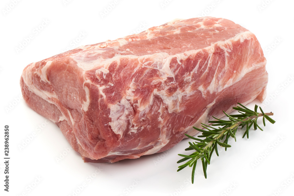 Raw pork neck boneless with rosemary, isolated on white background. Close-up Raw pork neck boneless with rosemary, isolated on white background. Close-up