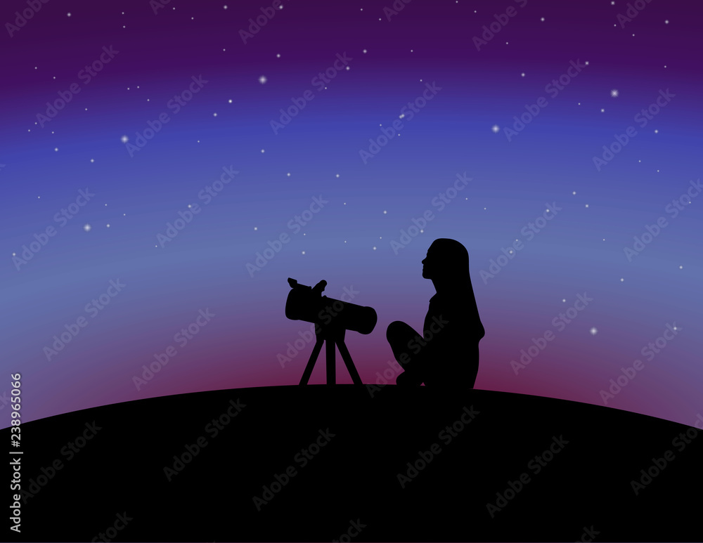 Silhouette of girl staring at the stars. Girl with telescope on the starry sky background