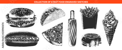 Vector engraved style fast food menu collection for posters, decoration, logo, emblem. Hand drawn sketches of in monochrome isolated on white background. Detailed vintage woodcut style drawing.