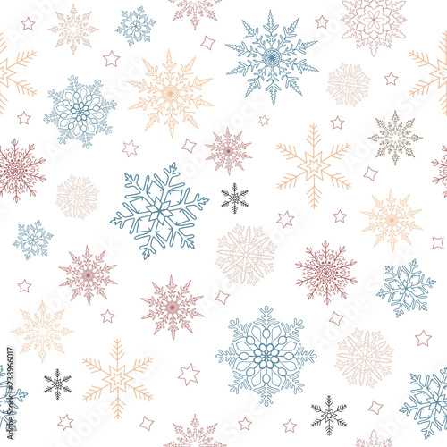 Vector seamless pattern of pastel snowflakes and stars on a white isolated background. Thin delicate lines silhouettes of different snow elements. New year illustration ornament.