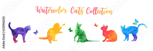Cute colorful watercolor cat silhouettes playing with butterflies. vector illustration.