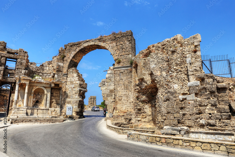 Ruins of agora, ancient city in Side in a beautiful summer day, Antalya, Turkey