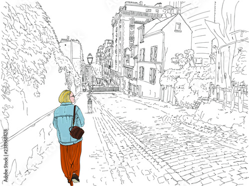 Hand drawn vector illustration. A young woman tourist wanders a beautiful back street in the romantic Montmartre neighborhood of Paris, France.