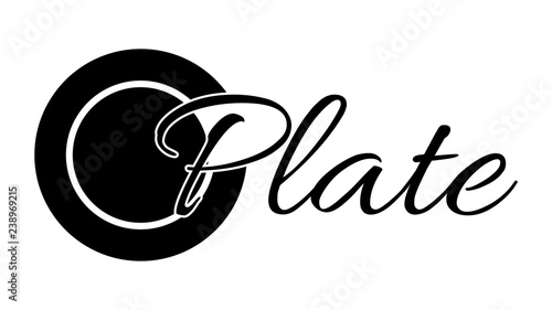 Plate icon. First letter on the background of graphics. Dinner plate or dessert plate. Graphics for   the website, culinary blog, online store, restaurant, bar, advertisement or banner.