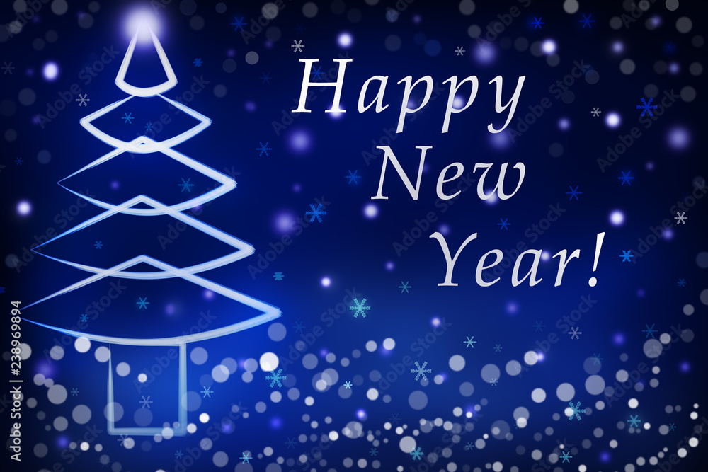 sparkling lights xmas tree Merry Christmas and Happy New Year greeting message on blue background,snow flakes,bright lights decoration.Elegant holiday season social post digital card sparkling lights xmas tree Merry Christmas and Happy New Year greeting message on blue background,snow flakes,bright lights decoration.Elegant holiday season social post digital card