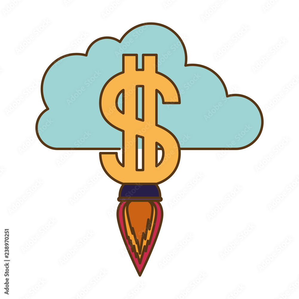 dollar rocket and clouds isolated icon