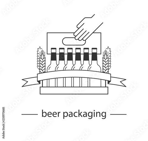 Brewery symbol, beer shop, liquor store, alcohol market, craft beer. Vector sign with beer bottle, wheat and ribbon. Packaging icon concept. Isolated elements on white background.