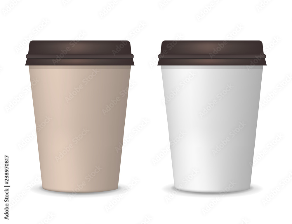 Realistic paper white and brown coffee cups. Carton coffee or tea cup mock up with plastic lid. Vector template for your logo design Realistic paper white and brown coffee cups. Carton coffee or tea cup mock up with plastic lid. Vector template for your logo design
