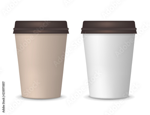 Realistic paper white and brown coffee cups. Carton coffee or tea cup mock up with plastic lid. Vector template for your logo design