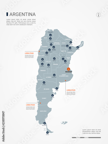 Argentina map with borders, cities, capital and administrative divisions. Infographic vector map. Editable layers clearly labeled.