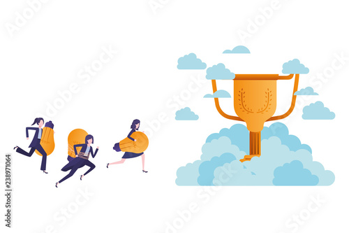 businesswomen in the clouds with trophy avatar character