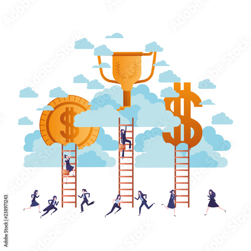 businesswomen with golden money and stairs character