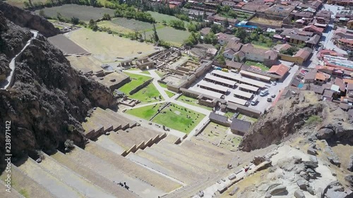 Aerial view of Ancient Peruvian Inca Ruins Ollantaytambo.