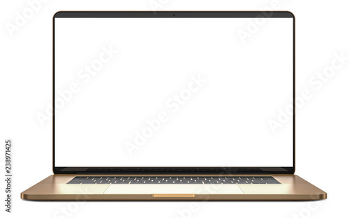 Laptop with blank screen isolated on white background, gold aluminium body. Whole in focus. High detailed.