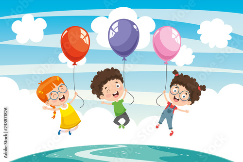 Vector Illustration Of Children With Balloon