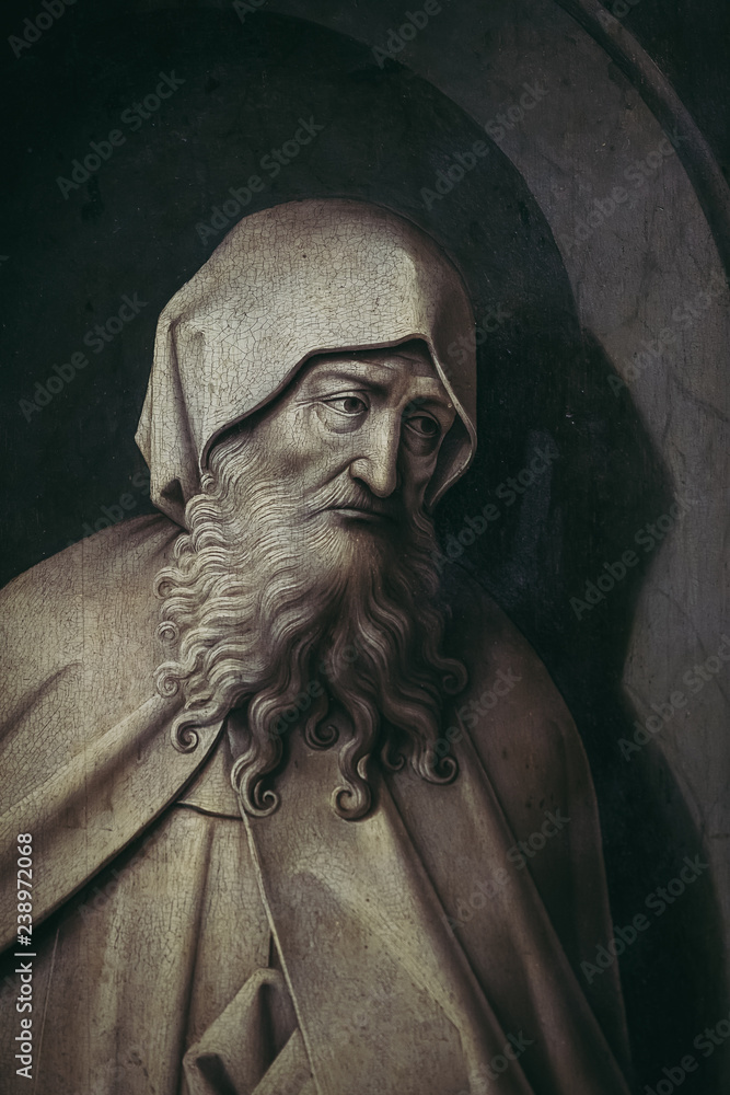 Peinture ancienne religieuse, détail d'un visage d'homme Peinture ancienne religieuse, détail d'un visage d'homme