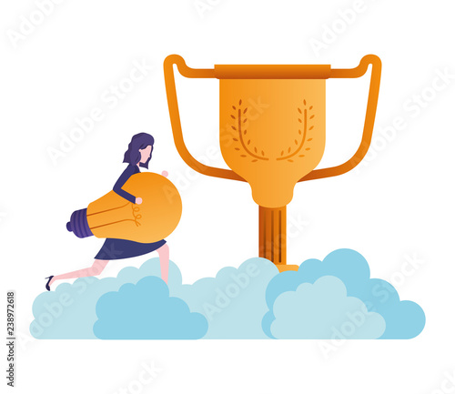 businesswoman with trophy and light bulb character