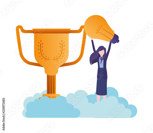 businesswoman with trophy and light bulb character