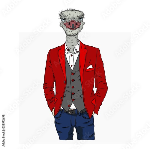 Illustration of ostrich hipster dressed up in jacket, pants and sweater. Can be used for printing on T-shirts, flyers, etc. Vector illustration