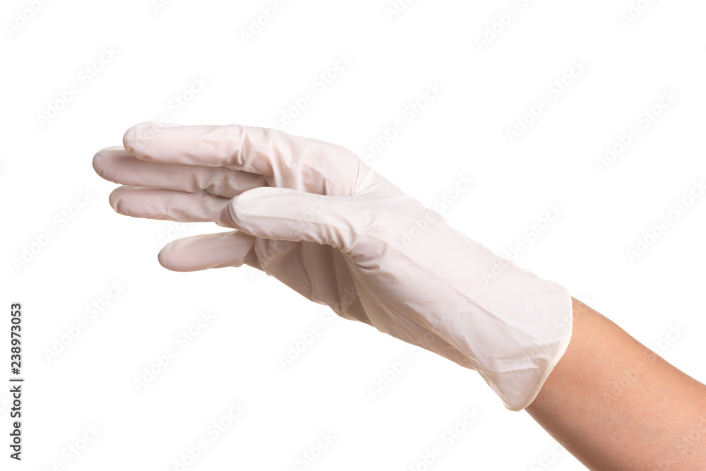Doctor hand in white latex sterile gloves isolated on white Doctor hand in white latex sterile gloves isolated on white