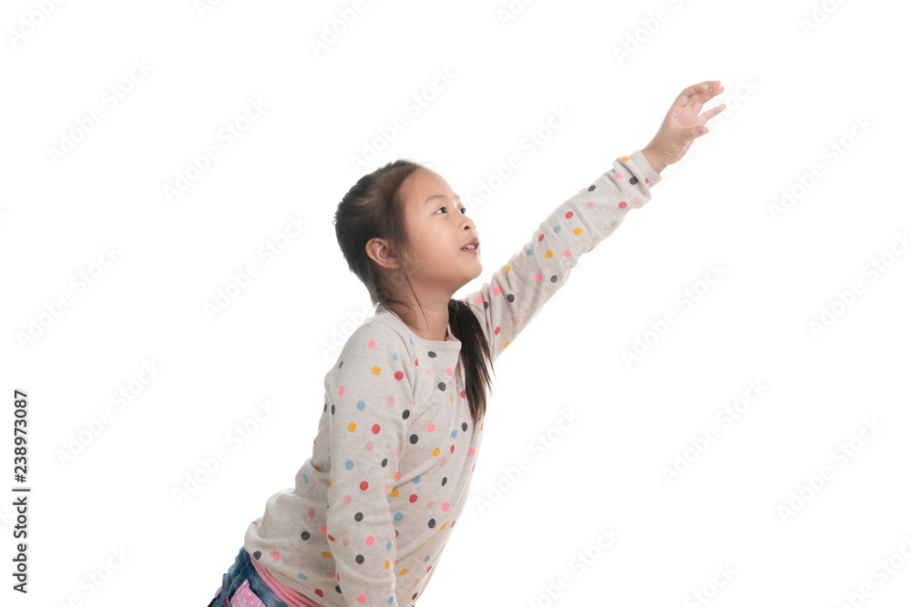 Cute kid southeast asian girl age 7 years in acting isolated on white Cute kid southeast asian girl age 7 years in acting isolated on white