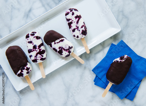 Blueberry cheesecake popsicles dipped in dark chocolate