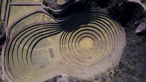 Epic aerial view of beautiful Moray. Peruvian Incan archeological sight.
