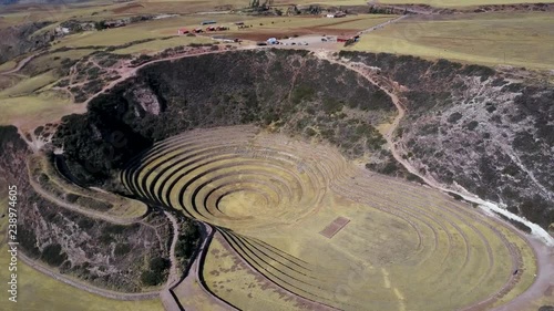 Epic aerial view of beautiful Moray. Peruvian Incan archeological sight.