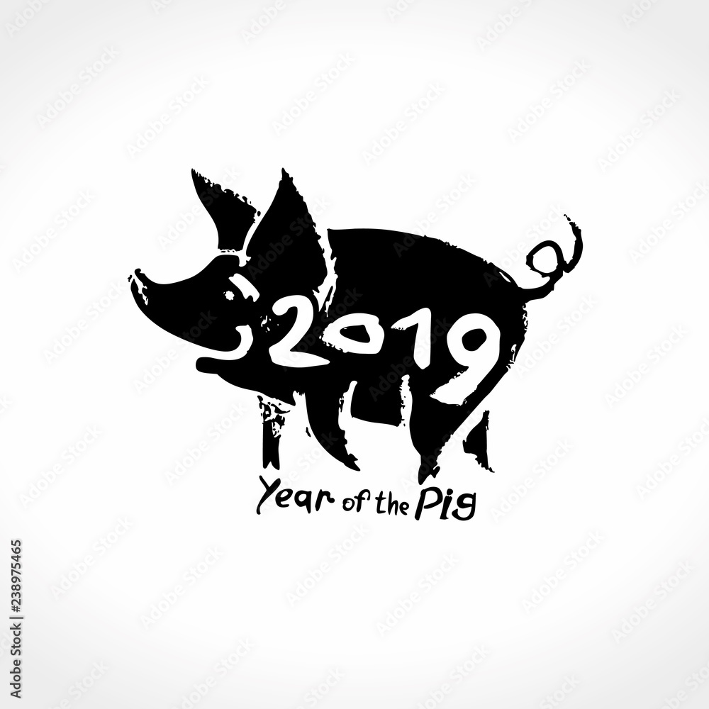 Year of the Pig 2019 hand drawn illustration with pig and handwritten inscription. Vector template New Year's design on the Chinese calendar. Year of the Pig 2019 hand drawn illustration with pig and handwritten inscription. Vector template New Year's design on the Chinese calendar.