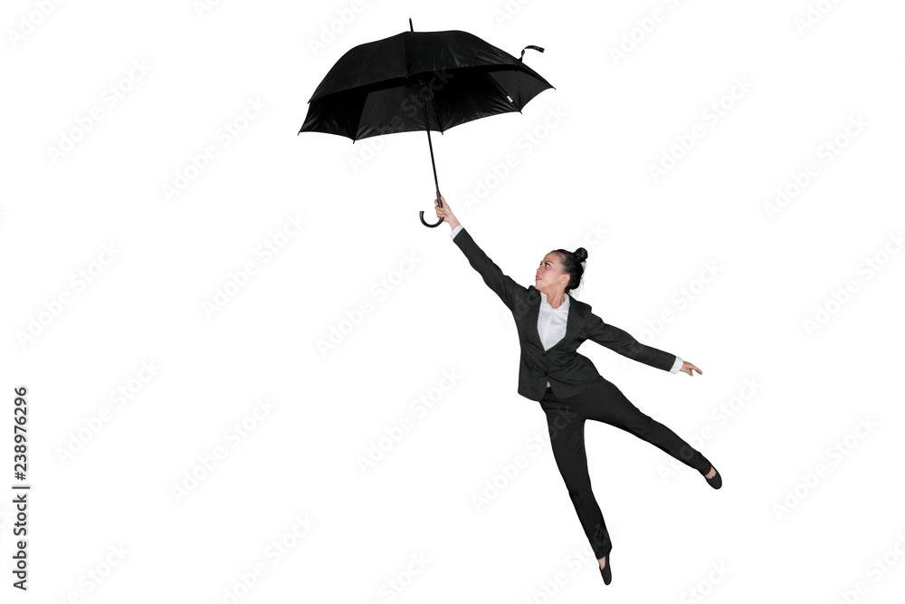 Female entrepreneur flying with an umbrella Female entrepreneur flying with an umbrella