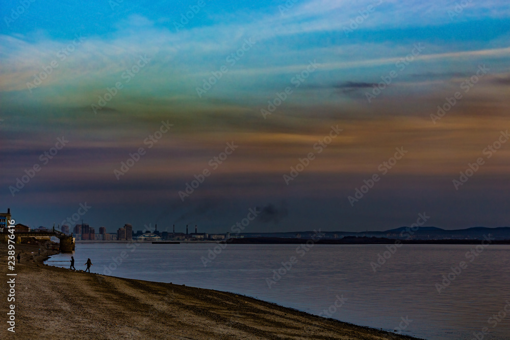 Sunset on the Amur river embankment in Khabarovsk, Russia. Sunset on the Amur river embankment in Khabarovsk, Russia.