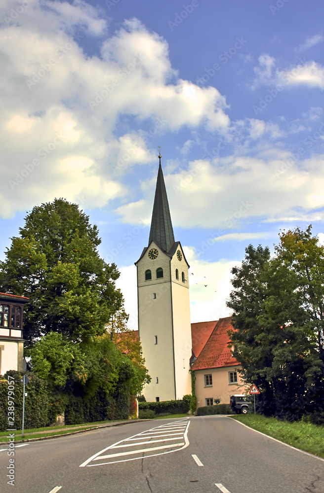Sankt Georg Church Ratzenried, church tower in the village entrance, Argenbühl, Allgaeu, Baden-Wuerttemberg, Germany
