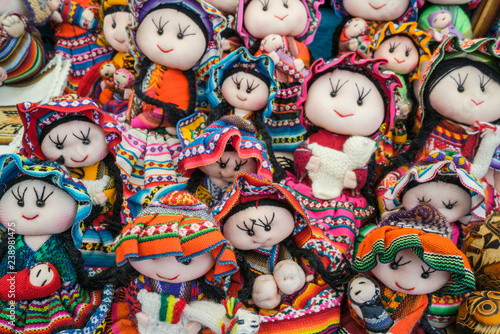 Dolls in Peru market, colorful traditional peruvian dolls