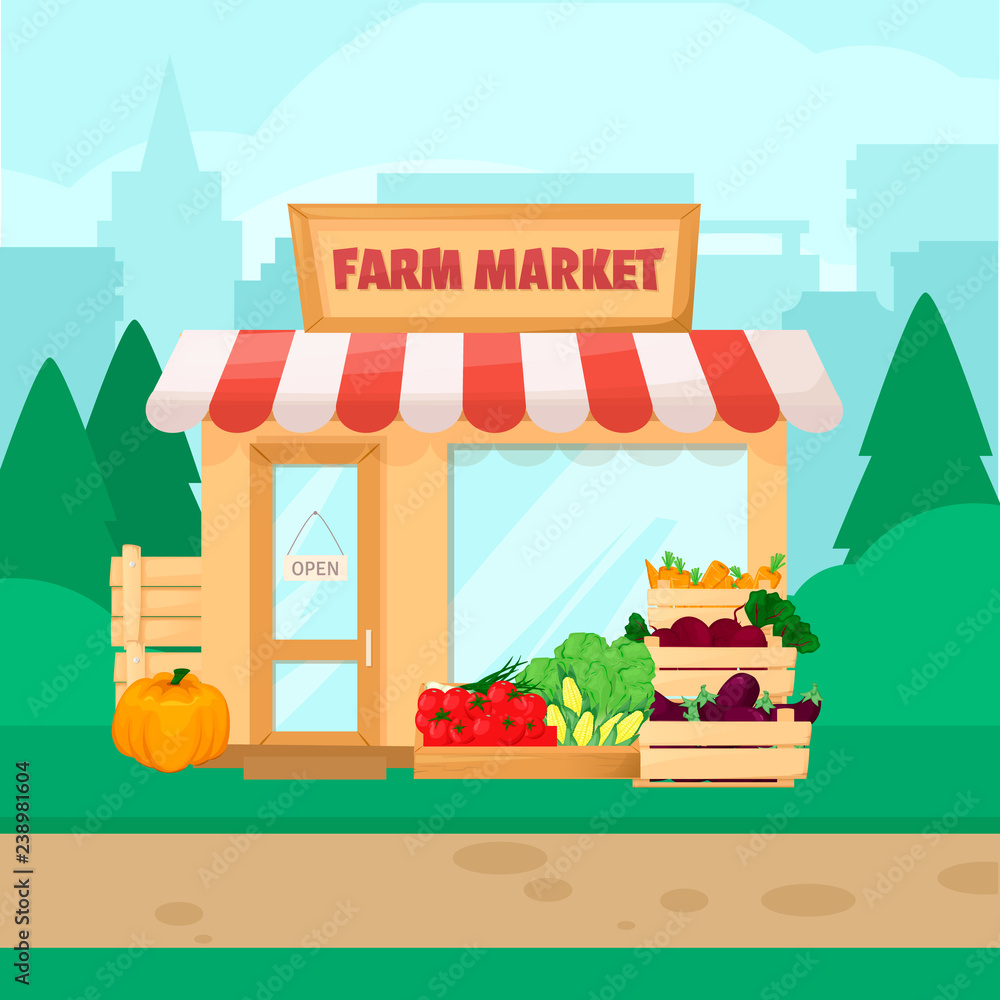 Farmers market. Eco organic Local shop. Selling fruit and vegetables.  Produce  style vector Stock Vector | Adobe Stock