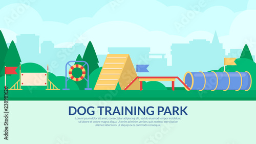 Dog training park. Banner with agility sport equipment on city landscape. Vector flat