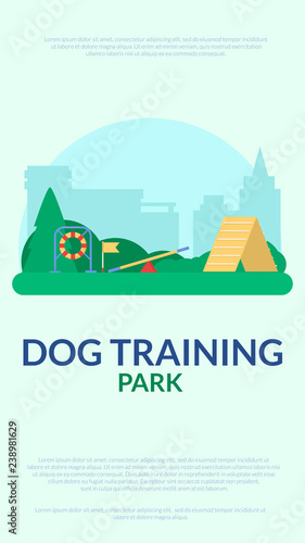 Dog training park. Banner with agility sport equipment on city landscape. Vector flat