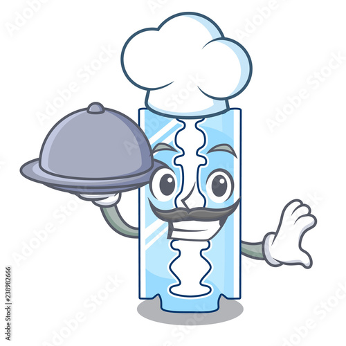 Chef with food razor blade and border cartoon cyan