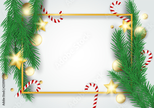 Merry Christmas. Design with christmas tree , balls and candy canes on white background .Vector , illustration.