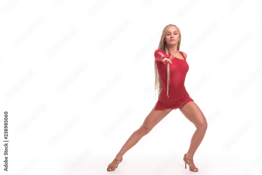 Beautiful dancer in shot red dress isolated view Beautiful dancer in shot red dress isolated view