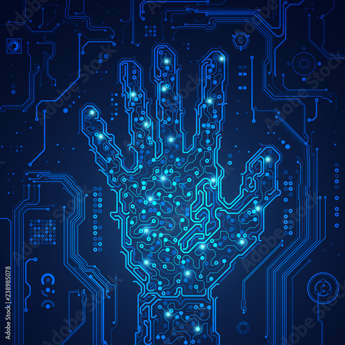 shape of hand combined with electronic board, concept of technology advancement 