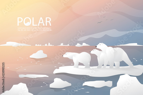 Polar bear and family are standing on large ice with beautiful sunlight and ice background at arctic, The Design of White bear's life.EPS10 Vector.